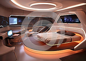 A 3D sci-fi bedroom. Very nice, clean lines characterize the interior of the living room.