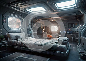 A 3D sci-fi bedroom. Very nice, clean lines characterize the interior of the living room.