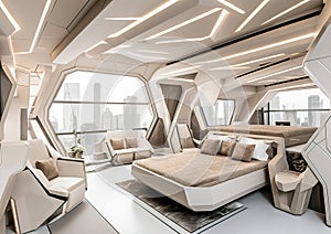 A 3D sci-fi bedroom. Very nice, clean lines characterize the interior of the living room.