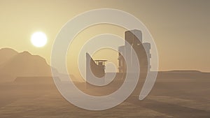 3D science fiction landscape with surreal buildings in desert