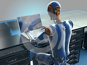 A 3D scientific illustration featuring a humanoid robot engaged in studying a geography map on a laptop
