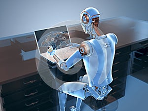 A 3D scientific illustration featuring a humanoid robot engaged in studying a geography map on a laptop