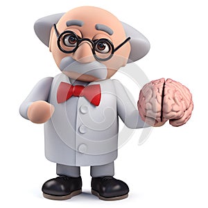3d Scientist character holding a human brain