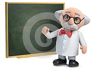 3d Scientist character teaching at a chalkboard