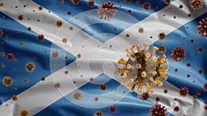 3D, Scottish flag waving with Coronavirus outbreak. Scotland Covid 19