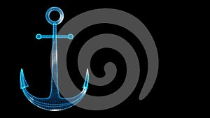 3D Sea anchor on black bg. Nautical concept. Advertising of shipyard, sea cruise, travel company, tourist voyage. For