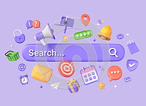 3d search bar surrounded by different elements. marketing or online shopping concept. commercial activity on the Internet.