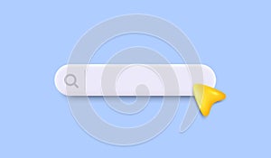 3d search bar template for website. Navigation search for web browser. Yellow 3d arrow mouse cursor. Vector