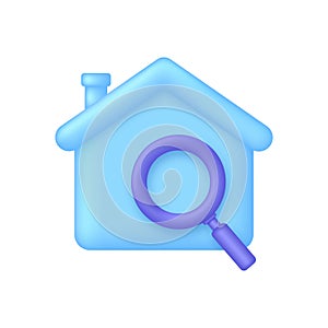 3D Search house icon. Search for real estate, home to buy, property for sale concept.