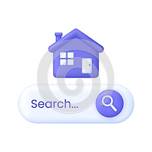 3D Search house. Search for real estate, home to buy, property for sale concept.