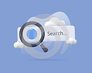 3d search tab. Magnifying glass 3d search icon, optical search cartoon style. Web interface research magnifier. SEO