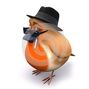 3d Seasonal Christmas robin wears a trilby and smokes a cigarette