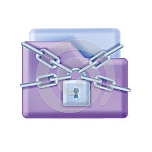 3D secure data storage vector icon, metal chain, lock, digital file folder, web cloud server concept.