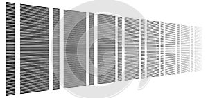 3d segmented, dashed lines geometric pattern. Vanish, diminish strips in perspective. Irregular stripes