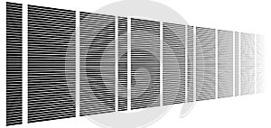 3d segmented, dashed lines geometric pattern. Vanish, diminish strips in perspective. Irregular stripes