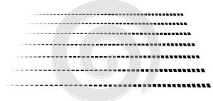 3d segmented, dashed lines geometric pattern. Vanish, diminish strips in perspective. Irregular stripes