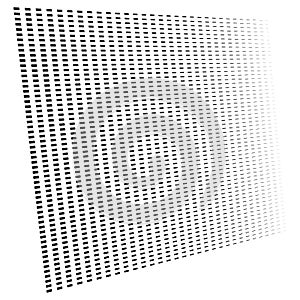 3d segmented, dashed lines geometric pattern. Vanish, diminish strips in perspective. Irregular stripes