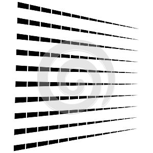 3d segmented, dashed lines geometric pattern. Vanish, diminish strips in perspective. Irregular stripes