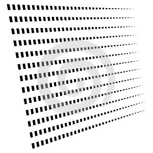 3d segmented, dashed lines geometric pattern. Vanish, diminish strips in perspective. Irregular stripes