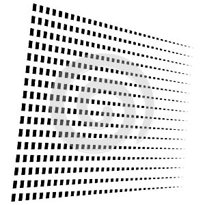 3d segmented, dashed lines geometric pattern. Vanish, diminish strips in perspective. Irregular stripes