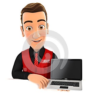 3d seller behind wall holding laptop
