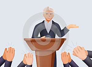 3D senior man. Politician speaking to audience at political rally. Vector illustration of the speaker from the podium.