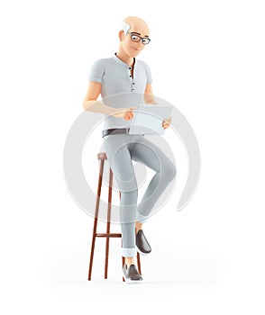 3d senior man sitting on stool with tablet