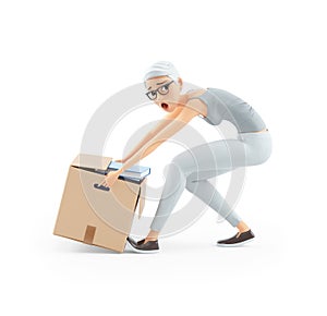 3d senior woman lifting heavy box