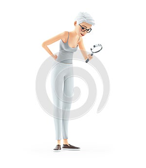 3d senior woman looking through magnifying glass