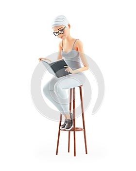 3d senior woman reading book on stool