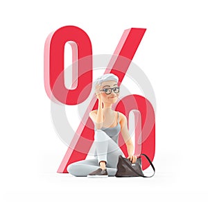 3d senior woman sitting on floor in front of percent sign