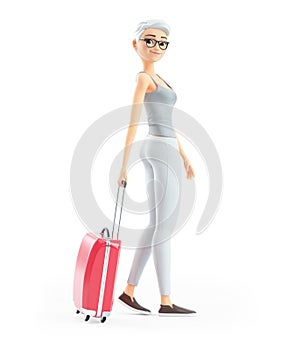 3d senior woman walking with travel suitcase