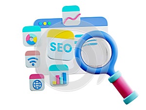 3D SEO Optimization, web analytics and seo marketing social media concept. SEO interface for website strategy and research planing
