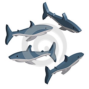 3D set of blue sharks isolated on white background