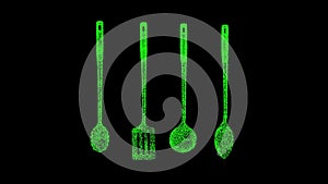 3D set of different cutlery rotates on black background. Kitchen and Restaurant concept. Utensils shop. Business