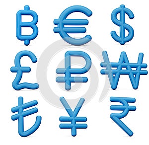 3d Set Of Nine Blue Currency Symbol Icons Isolated On White Background, 3d Illustration