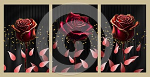 3d set of three roses on golden and black background. golden leaves branches, red floral wall art frames.