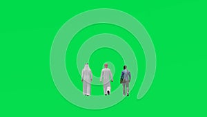 3D of several Arab black male workers on green background screen walking and going home from rear view in Chroma 4K