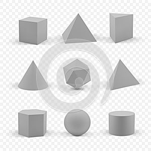 3d shapes template. Realistic shapes with shadow. Gray geometric figures on transparent background