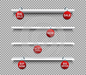 3d shelf strip with hanging sale wobler. Set danglering point sign for supermarket on transparent background. Mockup blank shelves