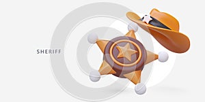 3D sheriff accessories. Western style hat and metal sheriff star
