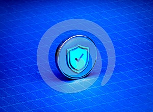 3d shield padlock on round chrome button isolated on dark blue background with white grid line as digital cyberspace, network