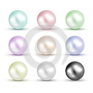 3D shiny natural White Pearl ball set. Vector accessory beauty colorful decoration. Fashion jewel symbol