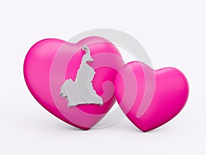 3d Shiny Pink Hearts With 3d White Map Of Cameroon Isolated On White Background, 3d illustration