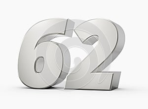 3d Shiny Silver Number 62, Sixty Two 3d Silver Number Isolated On White Background, 3d illustration