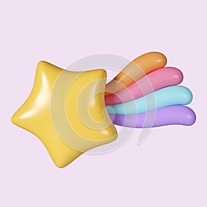 3d shooting star with rainbow. Meteor in space. icon isolated on purple background. 3d rendering illustration. Clipping