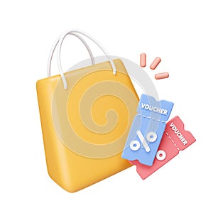 3d Shopping bag with discount. discount. Online shopping. For promotion. marketing and advertising in social networks