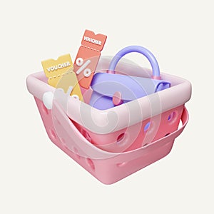 3D Shopping cart with bag and discount coupon . Online shopping. E-commerce and digital marketing concept. Sale of goods