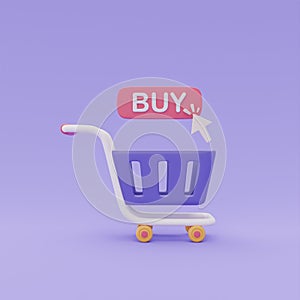 3d shopping cart with click Buy button, Online shopping concept, 3d rendering