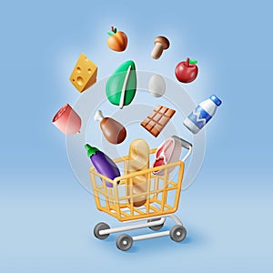 3D Shopping Cart with Fresh Products.